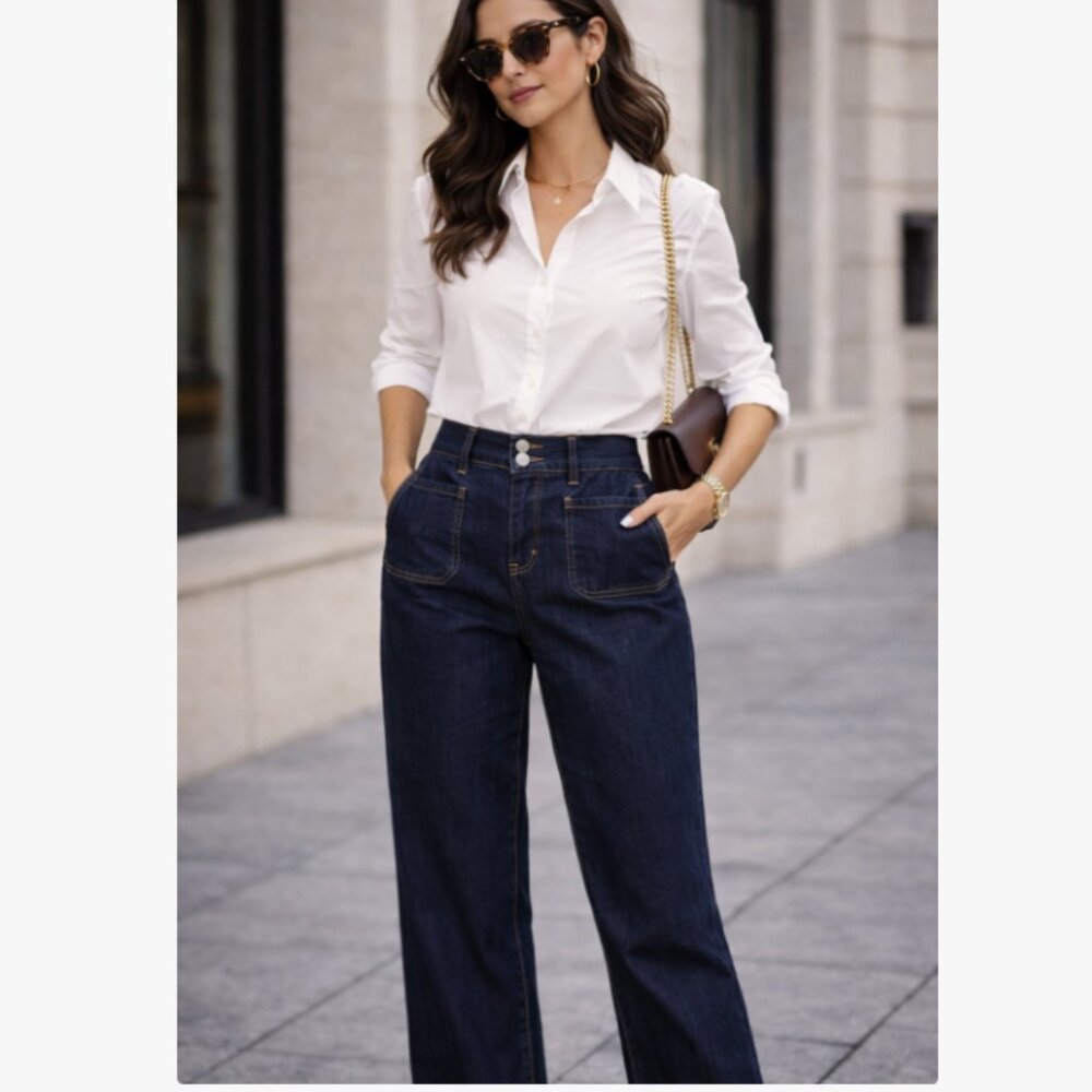 Indigo Poppy Kaelin Wide Leg Jeans Dark Wash Stretch Denim High Rise Size 8